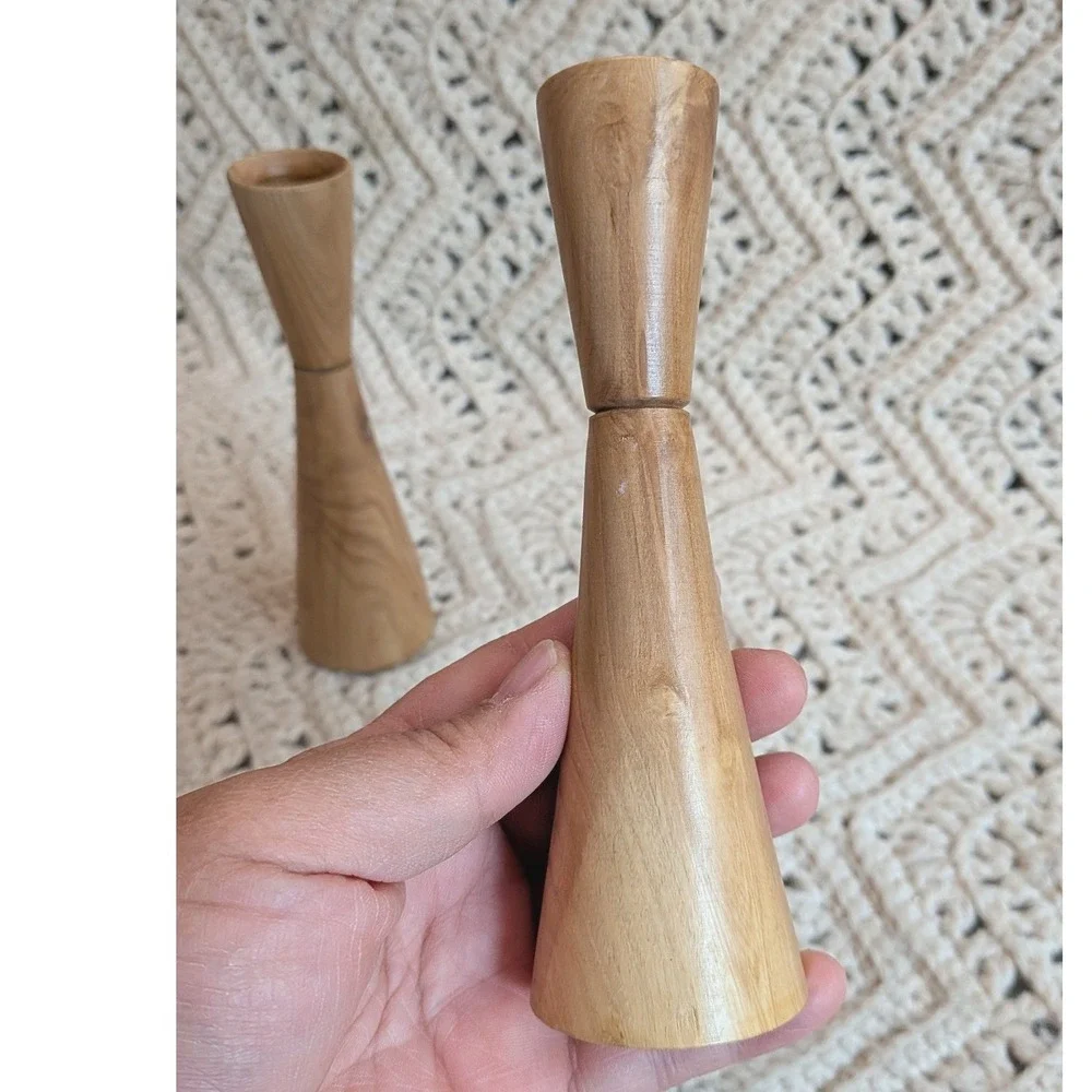 Vintage Mid Century Modern Wood Taper Candle Holders Set 2 Hourglass Minimalist
